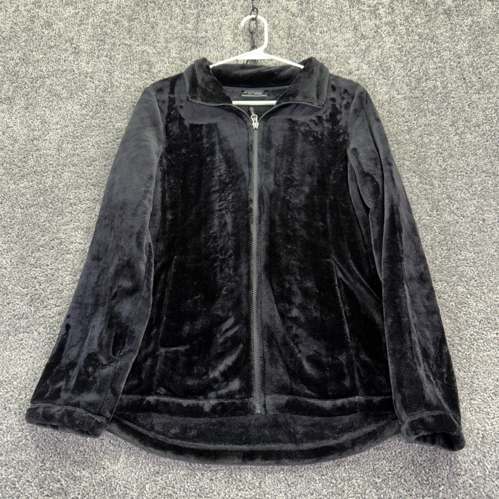 Heatkeep Full Zip Fleece Jacket Womens Medium Black Faux Fur Mock Neck Soft Warm